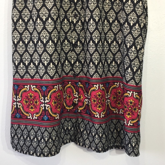 Yumi Black White Ikat Dress Border Print Tie Neck - Picture 8 of 16